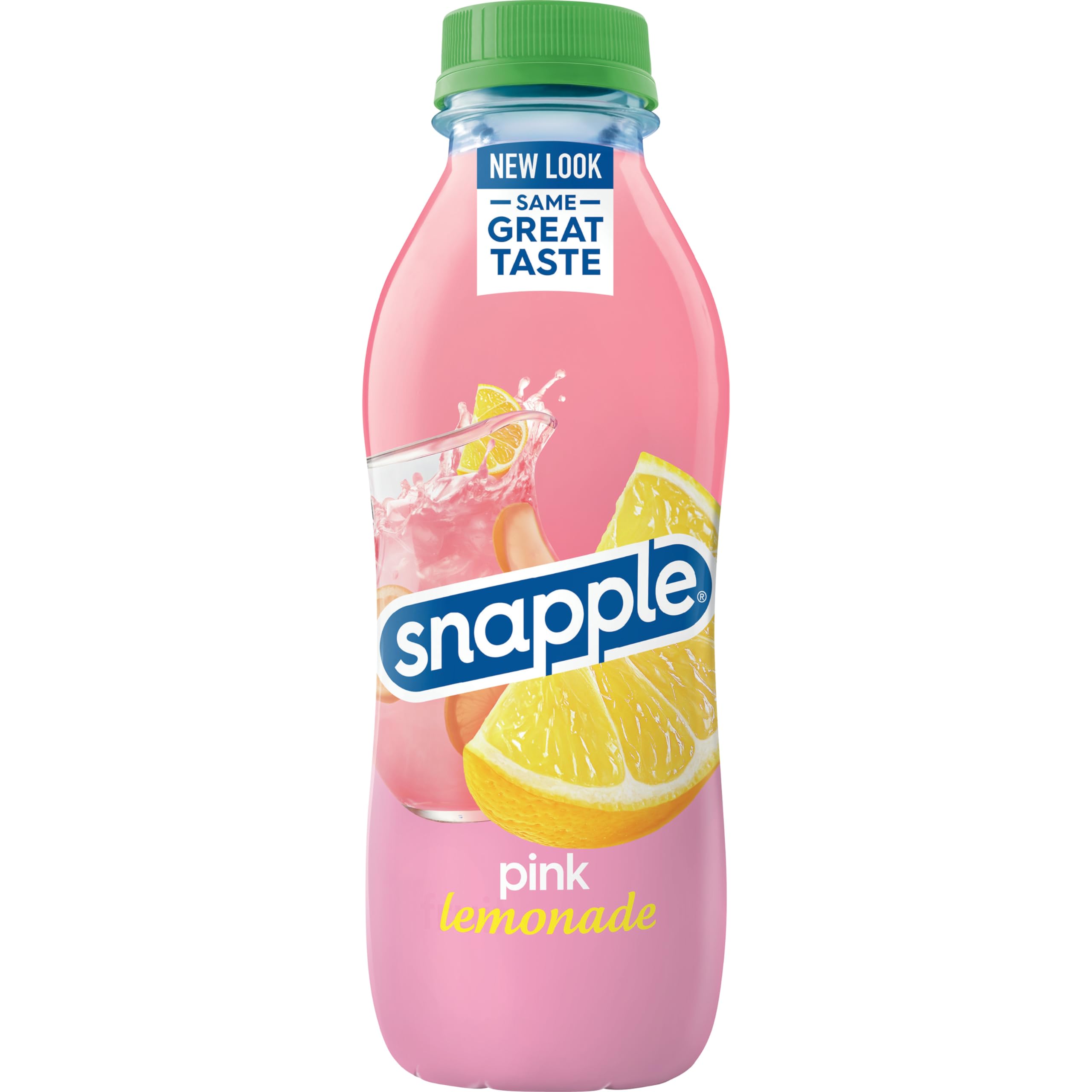 Snapple Pink Lemonade bottle recycling symbol communicates eco-friendly packaging.