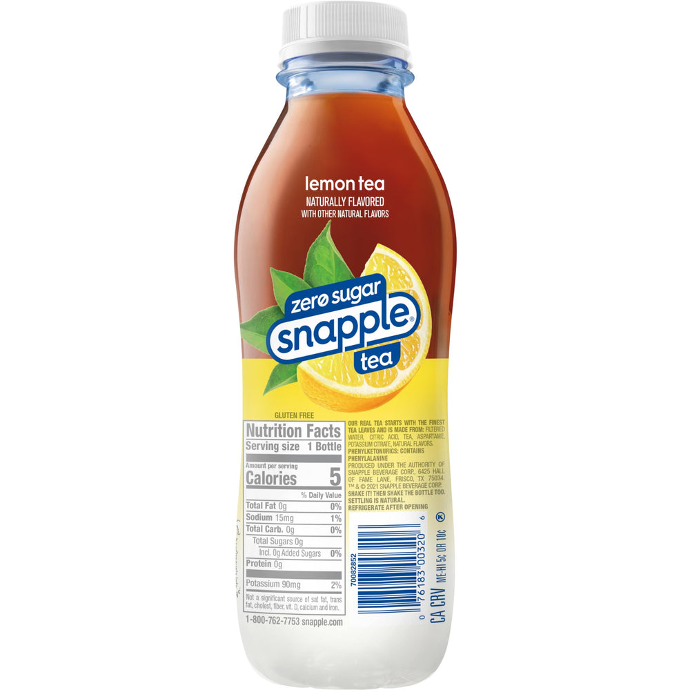 Label closeup showing ingredients and natural flavor of Snapple Lemon Tea.