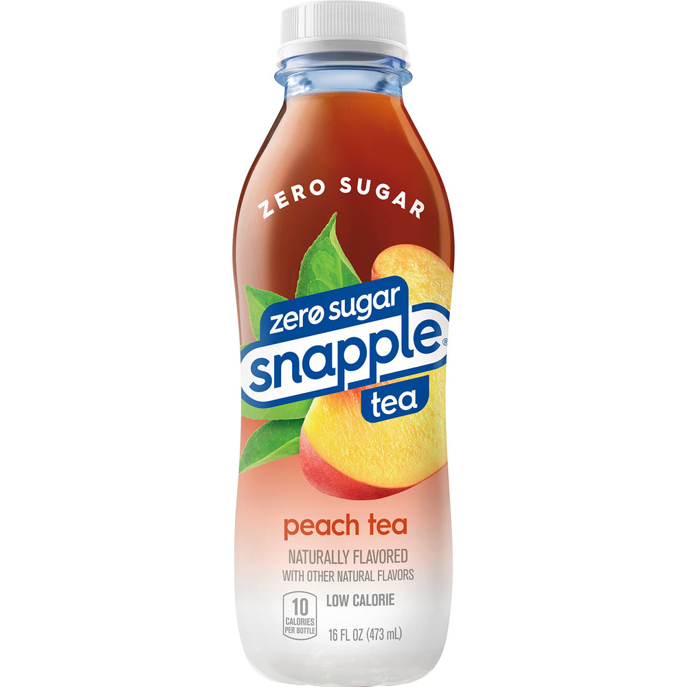 Pouring Snapple Zero Sugar Peach Tea into a glass on a sunny day