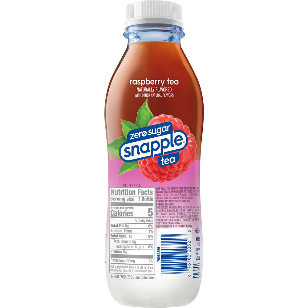 Snapple Zero Sugar Raspberry Tea bottle on a store shelf for everyday use