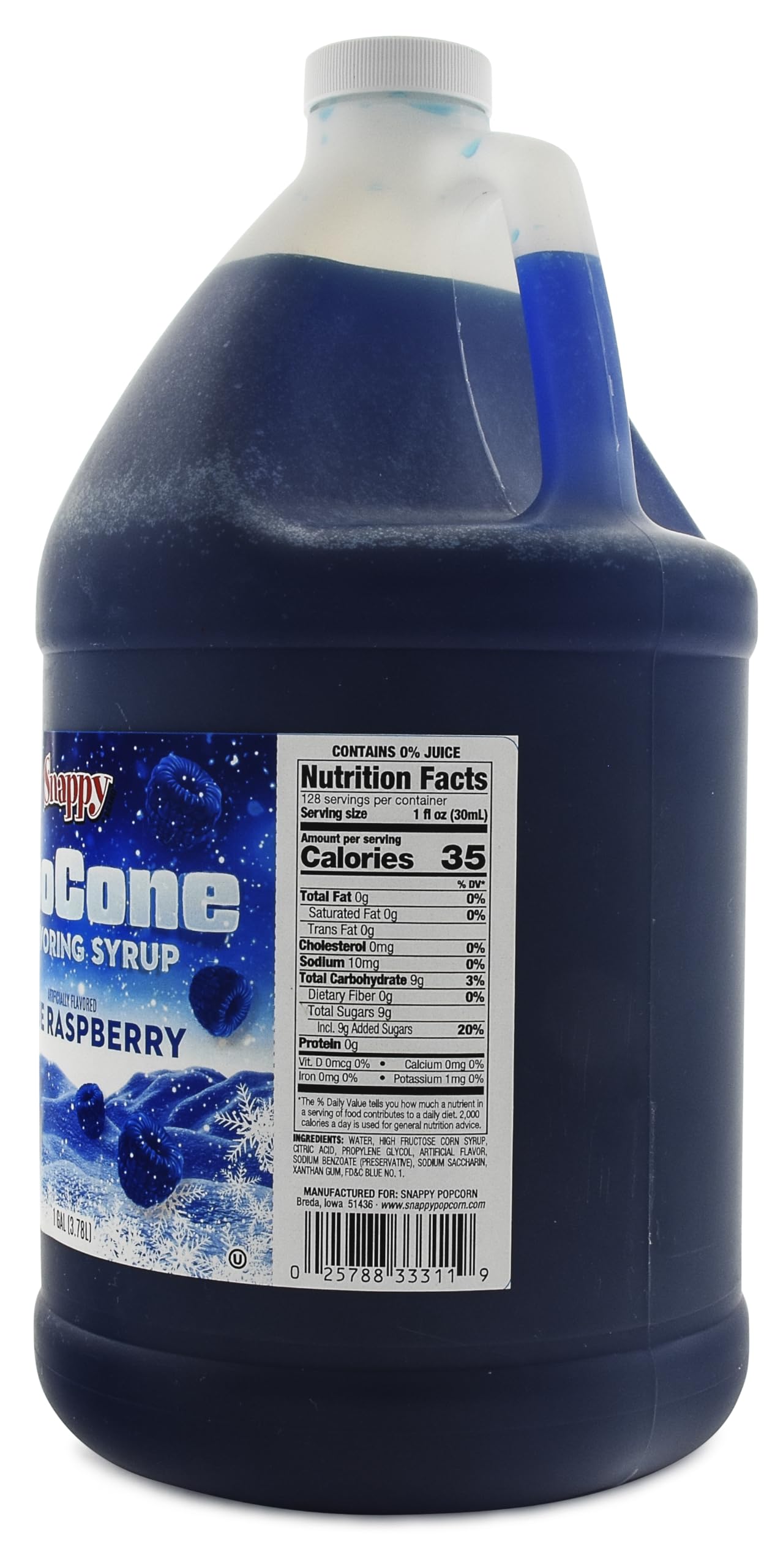SNAPPY blue raspberry sno cone syrup pouring over shaved ice for snow cones.