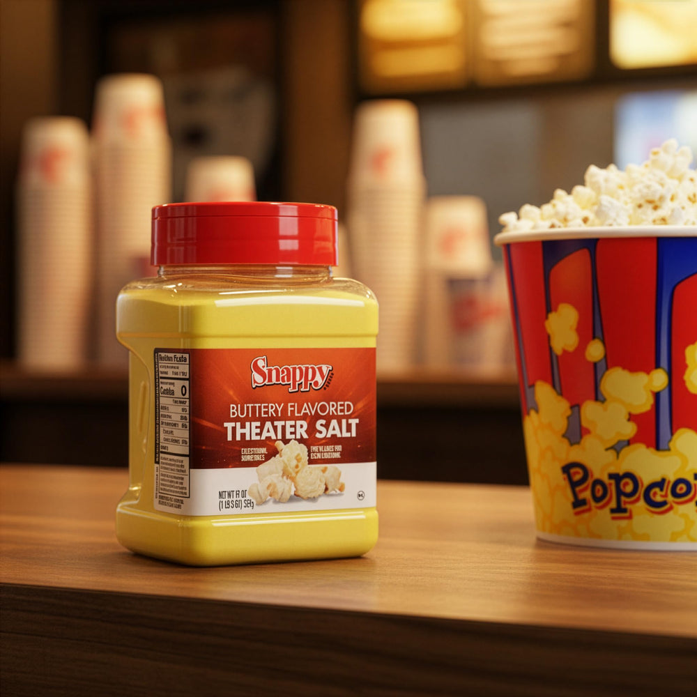 Popped kernels coated with Snappy Butter Popcorn Seasoning for cinema-grade taste