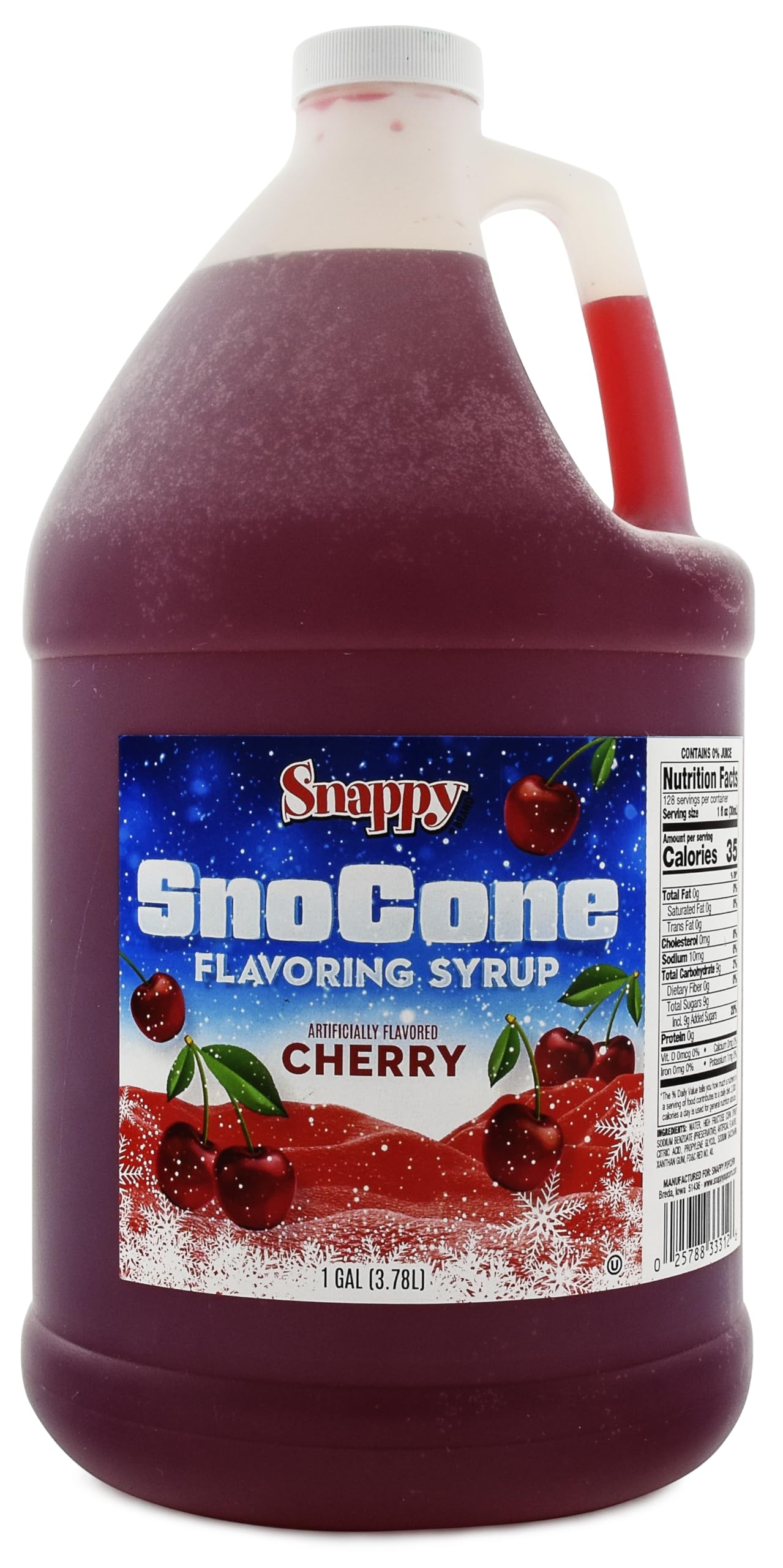 SNAPPY Cherry Sno Cone Syrup bottle ready to pour over shaved ice.