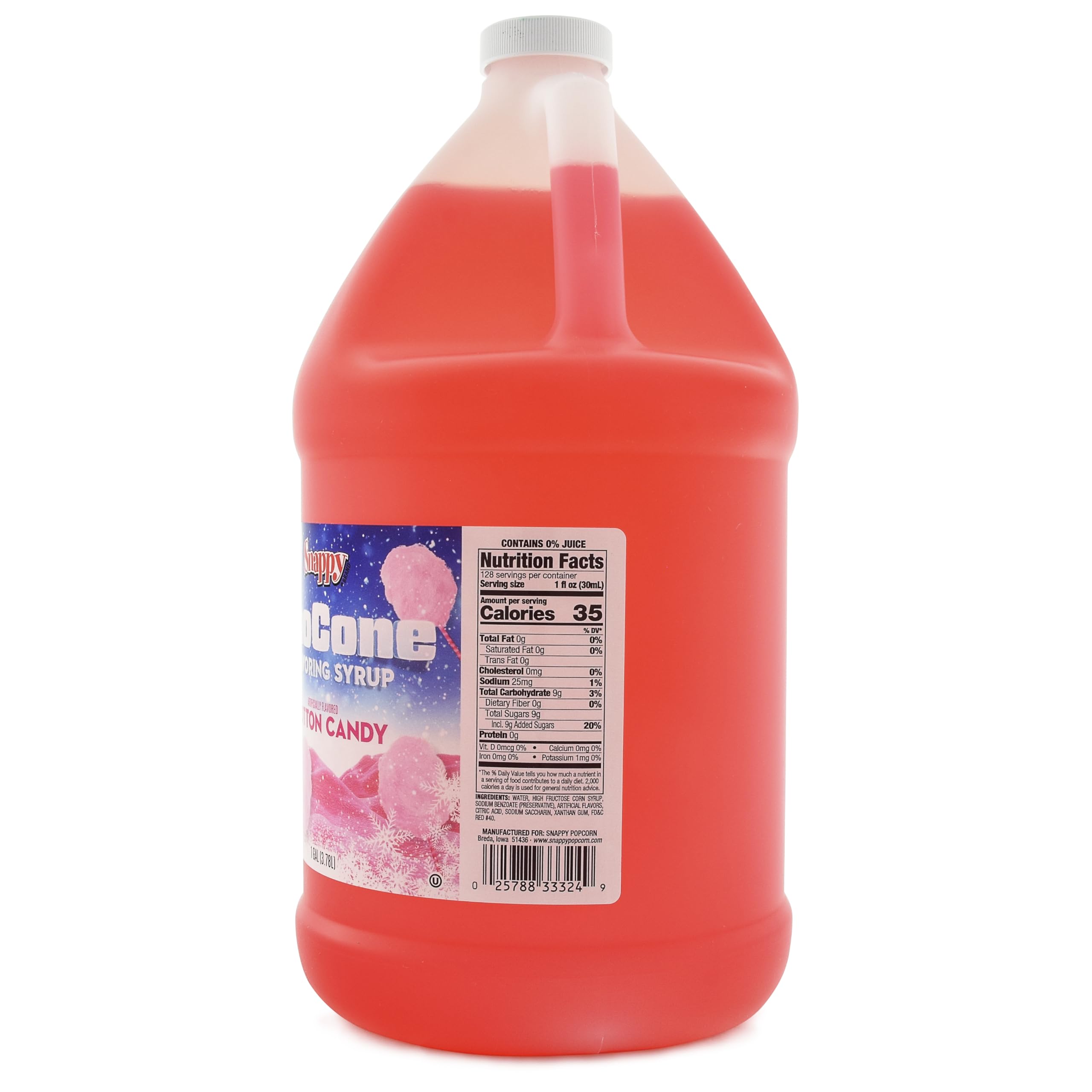 SNAPPY Cotton Candy Sno Cone Syrup bottle, gallon size for home or commercial use