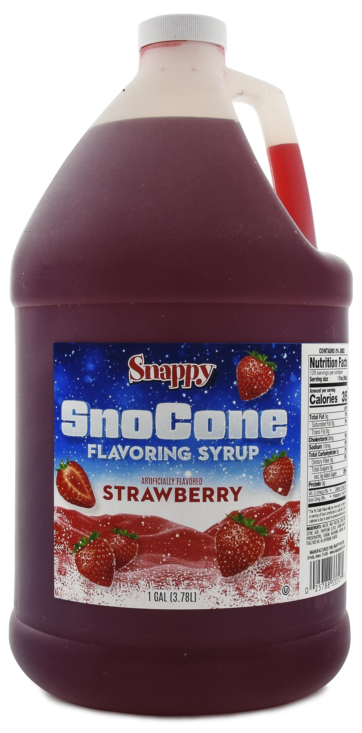 SNAPPY Strawberry Sno Cone Syrup bottle pouring over shaved ice for vibrant flavor