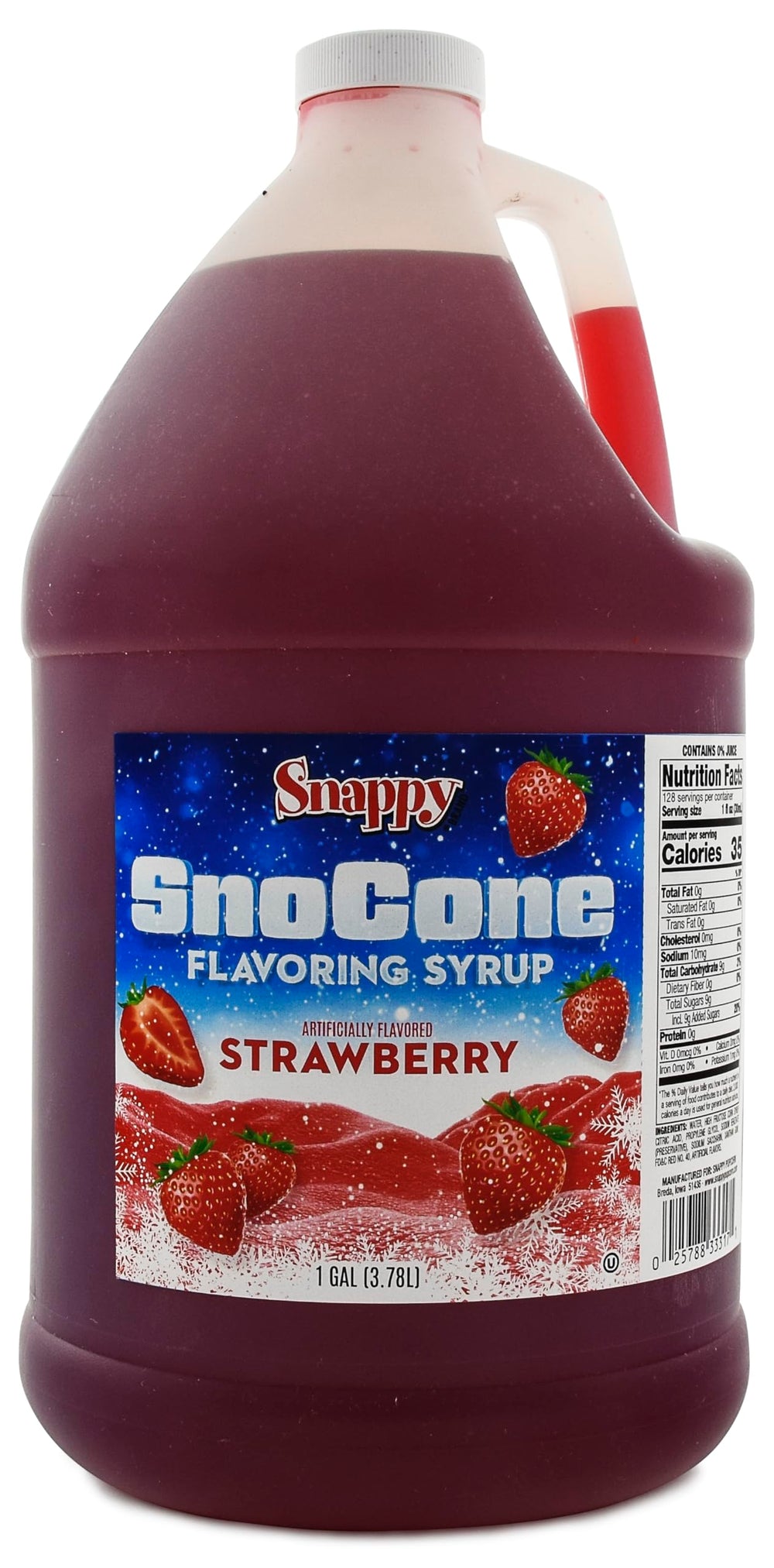 SNAPPY Strawberry Sno Cone Syrup bottle pouring over shaved ice for vibrant flavor