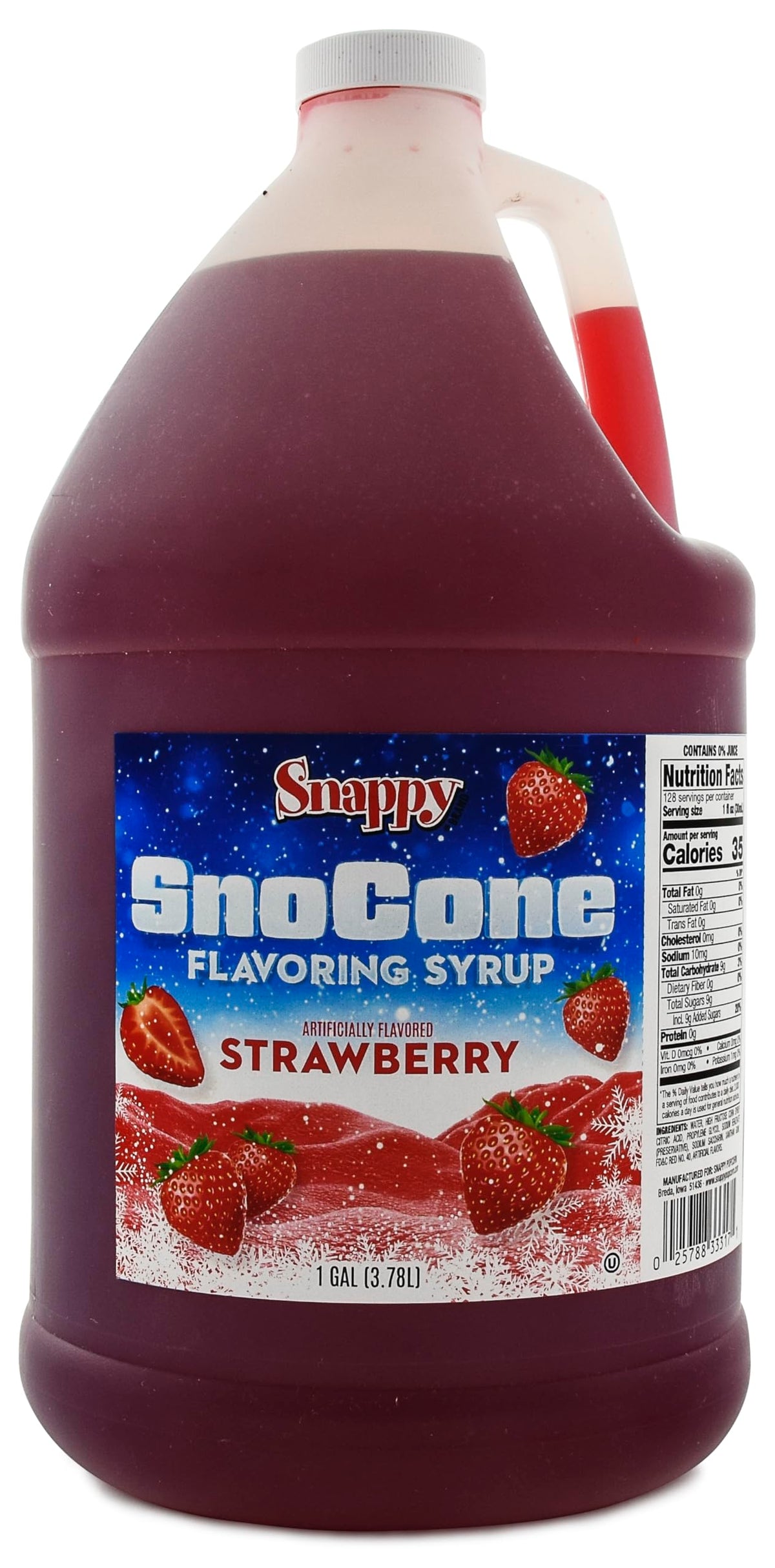 SNAPPY Strawberry Sno Cone Syrup bottle pouring over shaved ice for vibrant flavor