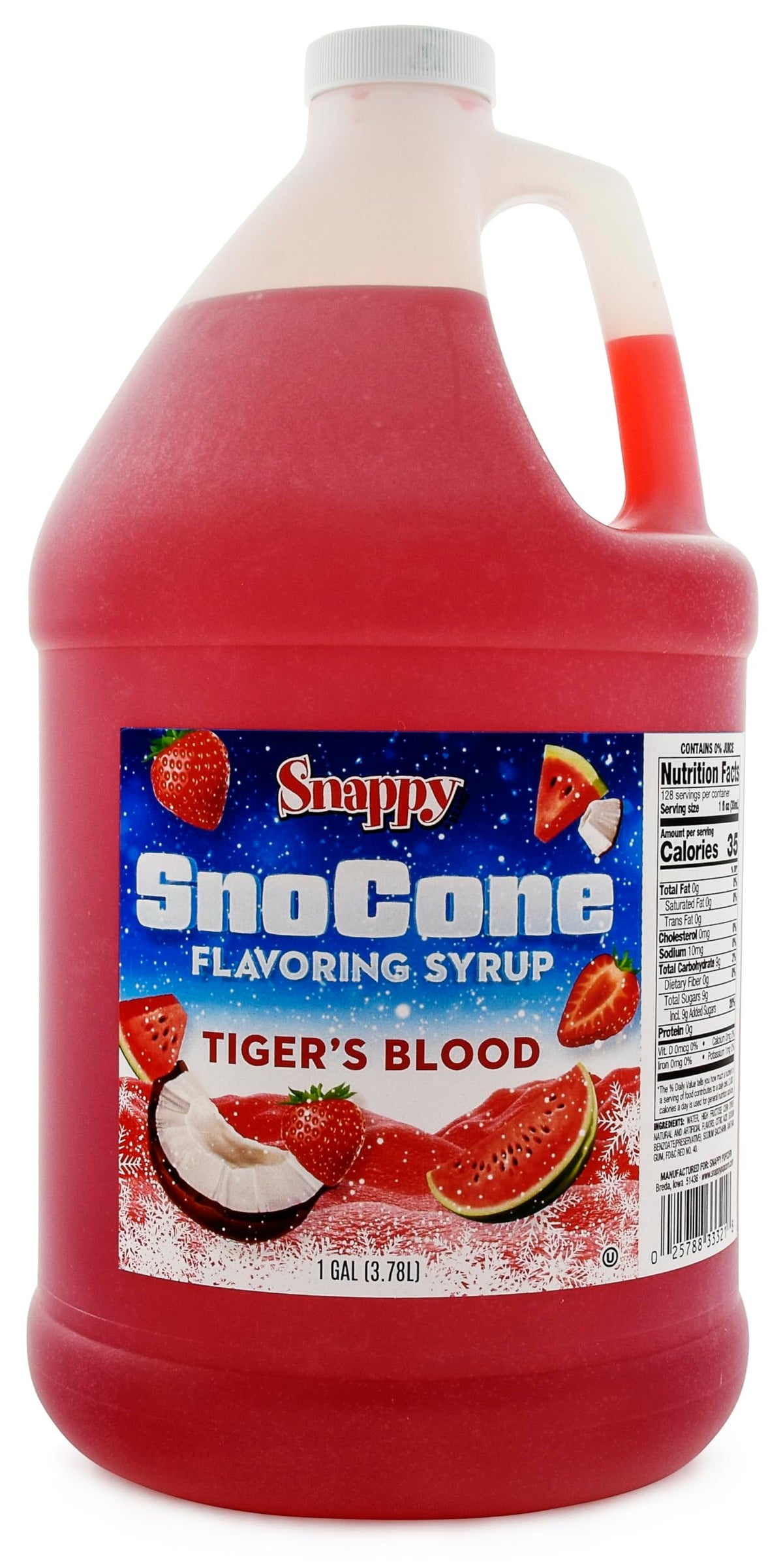 SNAPPY Tigers Blood syrup bottle pour for ready-to-use snow cones.