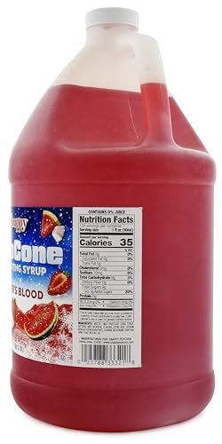 SNAPPY Tigers Blood gallon jug label for convenient no-mix snow cone syrup.