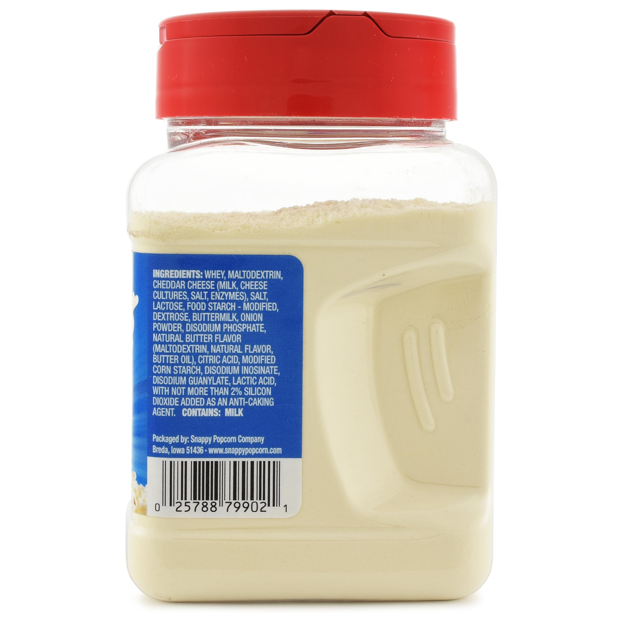 SNAPPY White Cheddar seasoning closeup, powder perfect for sprinkling on fresh popcorn