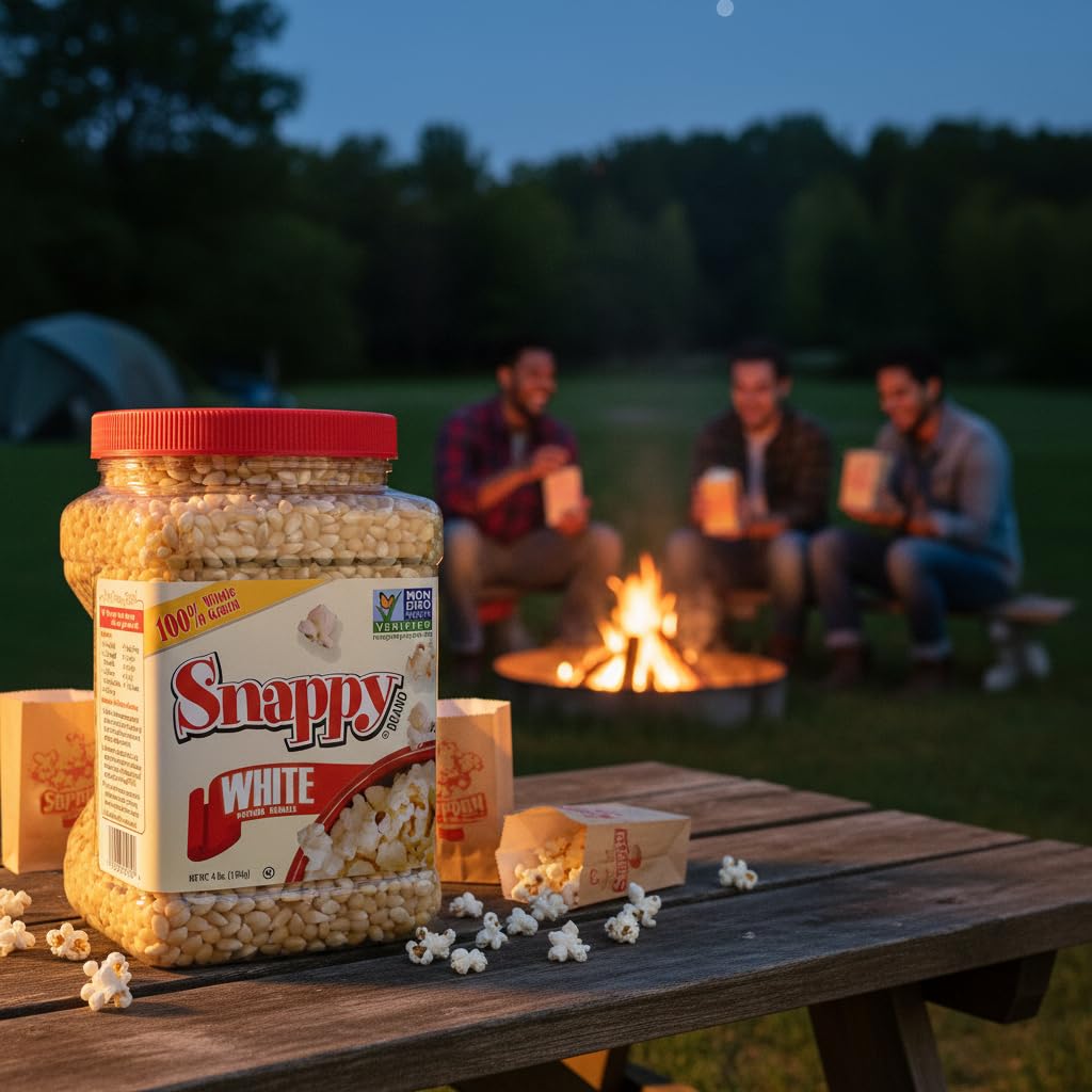 Snappy White Popcorn jar highlights Non-GMO and gluten-free status for clean snacking.