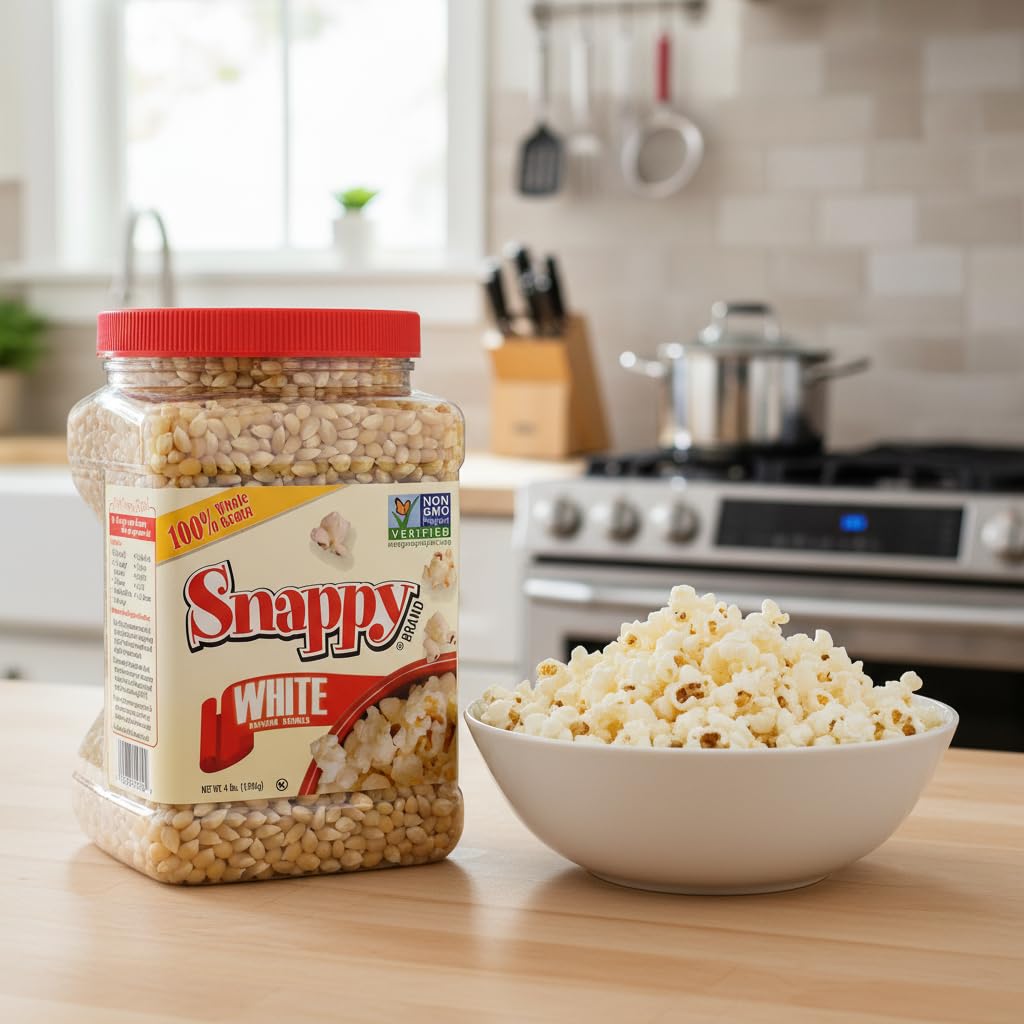 Snappy White Popcorn reusable jar ready for weeknight snacking.