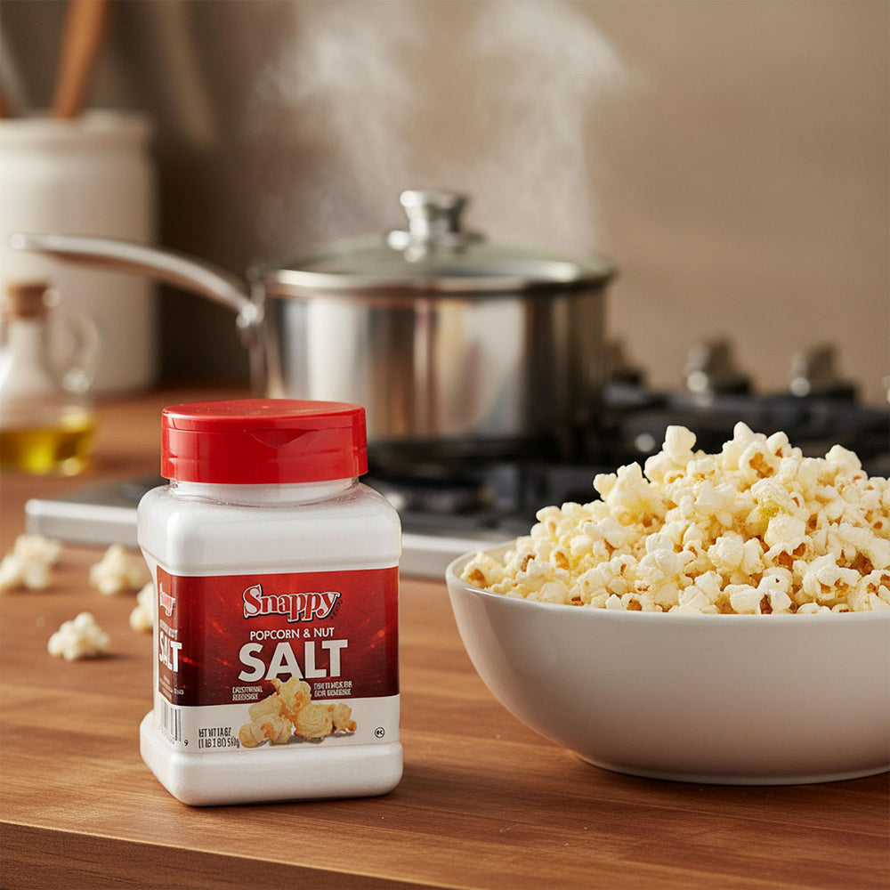Kitchen-counter display shows Snappy popcorn salt shaker ready for everyday use