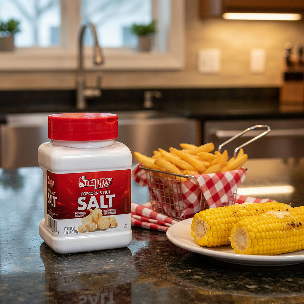 Snappy White Popcorn Salt packaging front highlights 18 oz shaker for home use