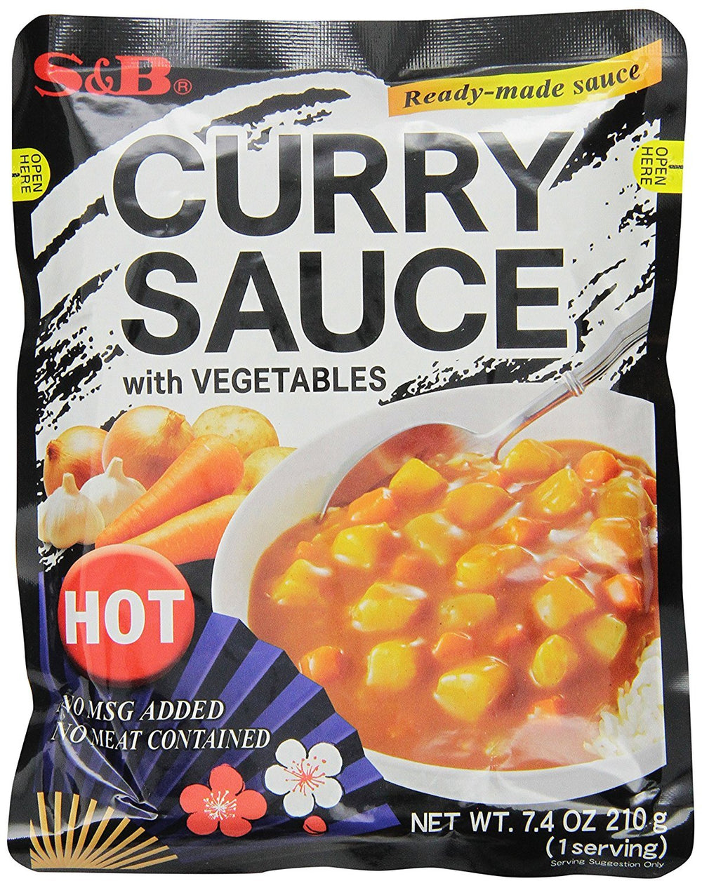S&B curry sauce with vegetables hot in retort pouch for quick meals.