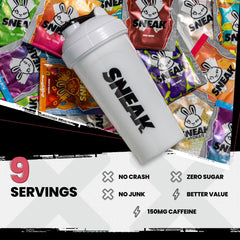 SNEAK Energy with 150 mg caffeine supports focused work sessions.