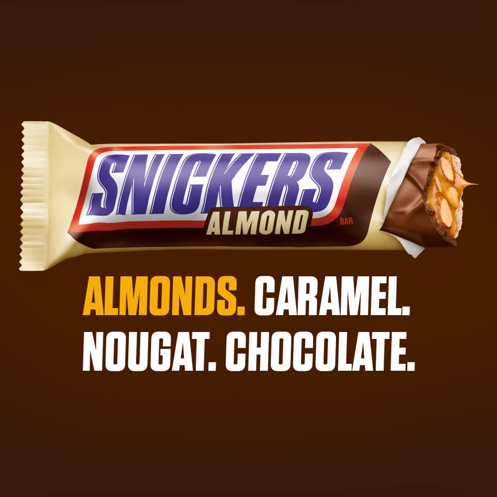 Close-up of roasted almonds in a Snickers Almond bar for a crunchy bite.