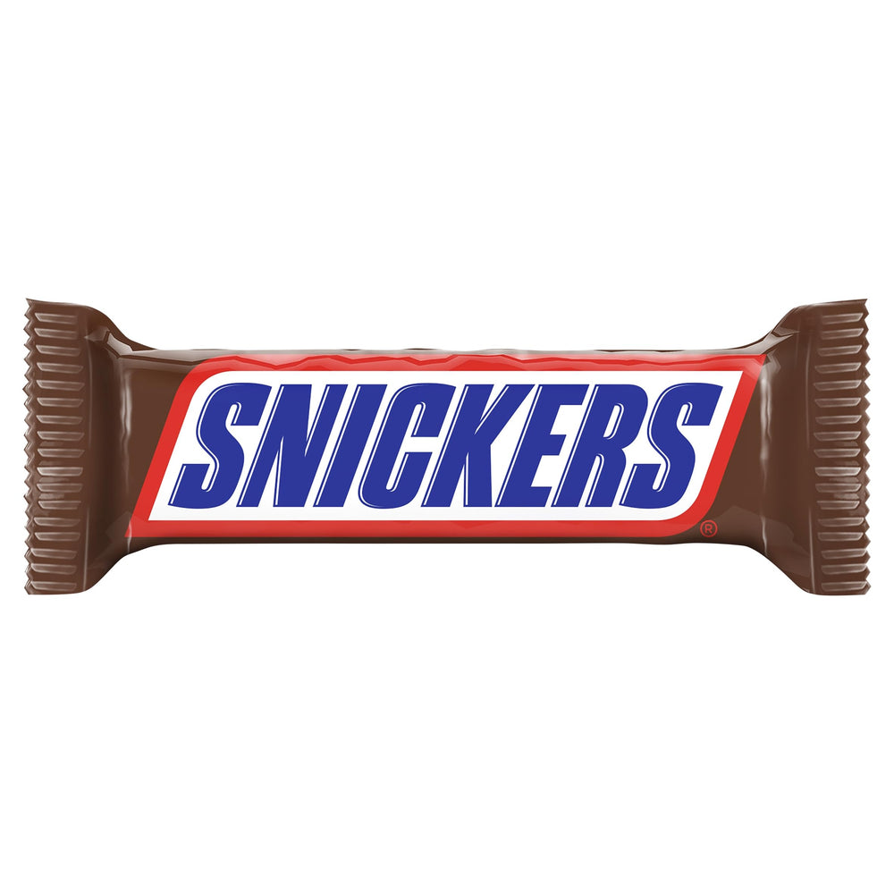 Snickers caramel and roasted peanuts bar 50g pack on display, ideal on-the-go snack
