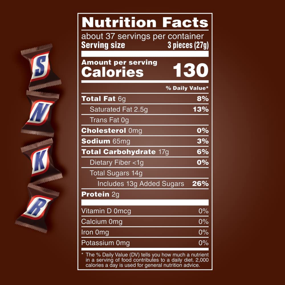 SNICKERS Minis show peanuts, nougat, caramel and milk chocolate for snack cravings.