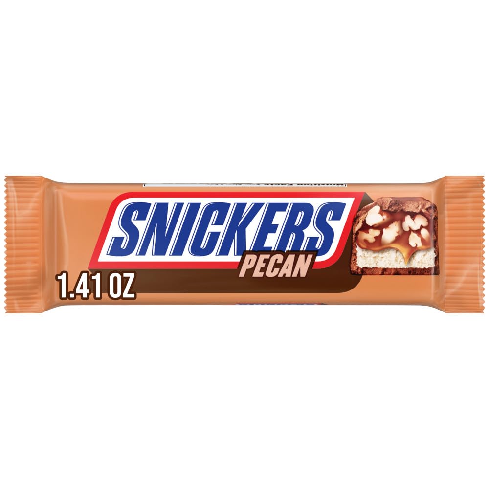 Snickers Pecan Milk Chocolate Bar with pecans and caramel for a rich snack.