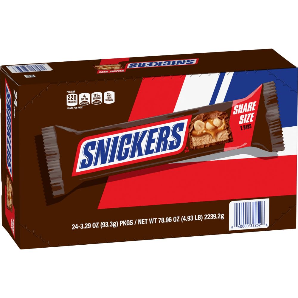 Snickers sharing-size box with 24 bars for gifting and sharing.