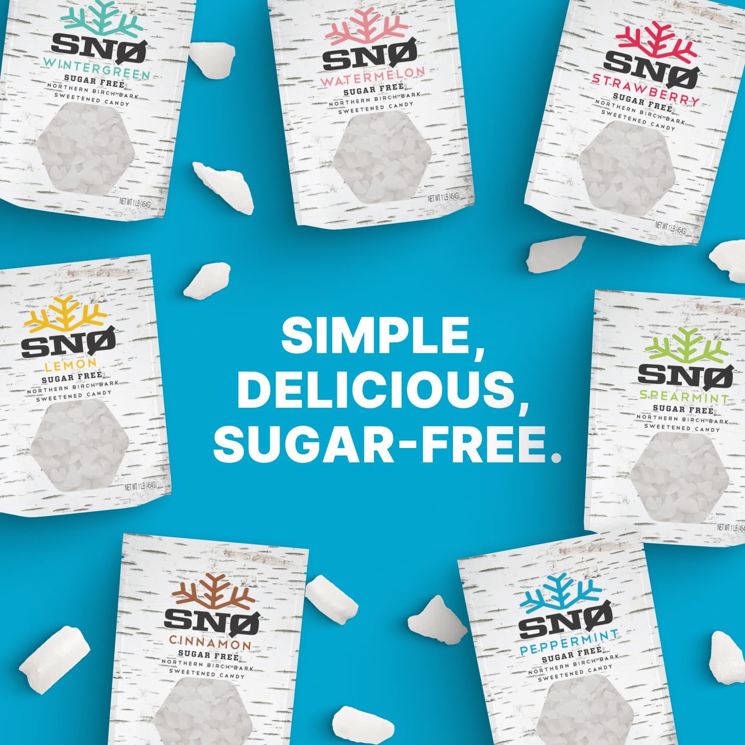 SNØ peppermint xylitol candy chips nutrition label and branding visible.