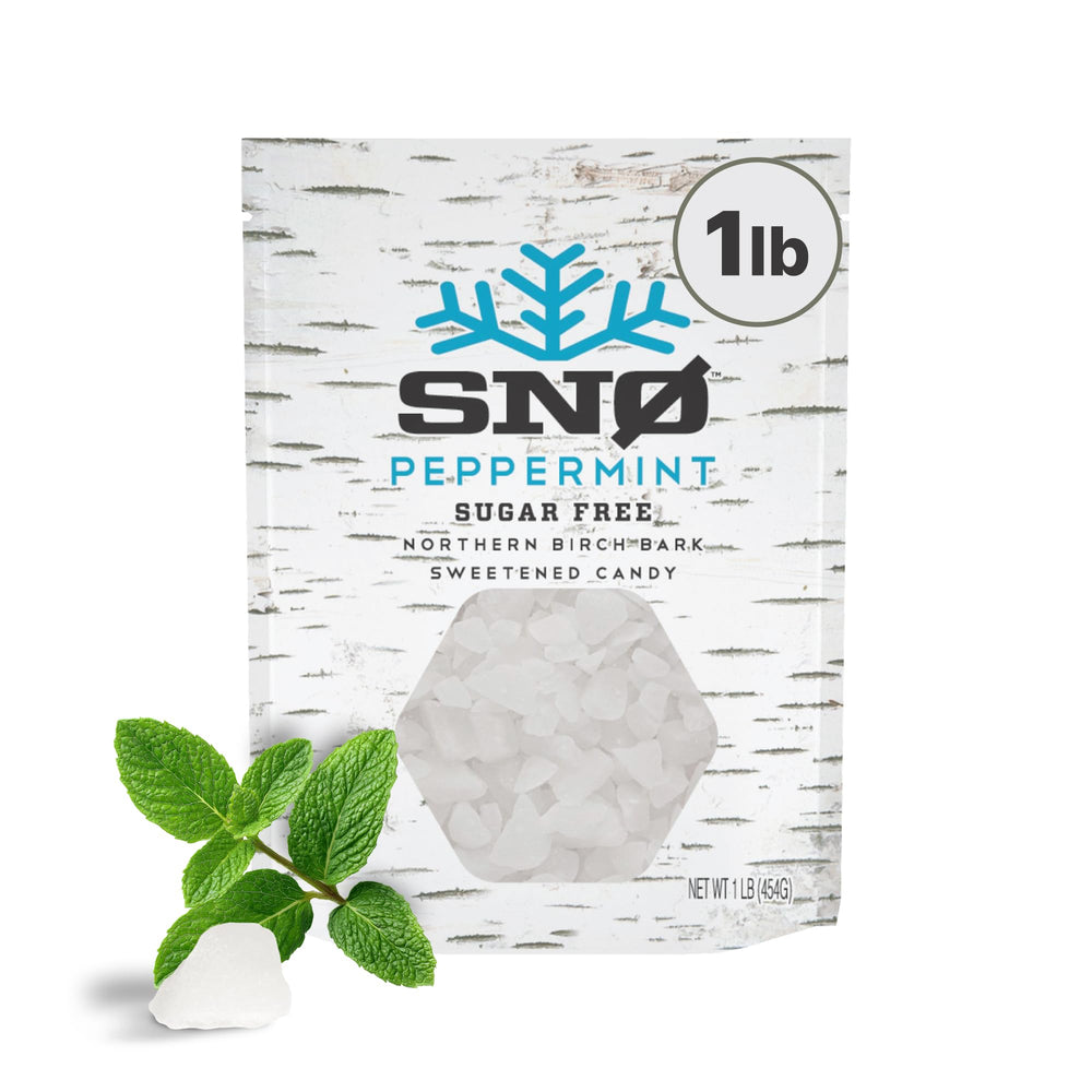 SNØ peppermint xylitol candy chips packaging highlights a clean two-ingredient formula.