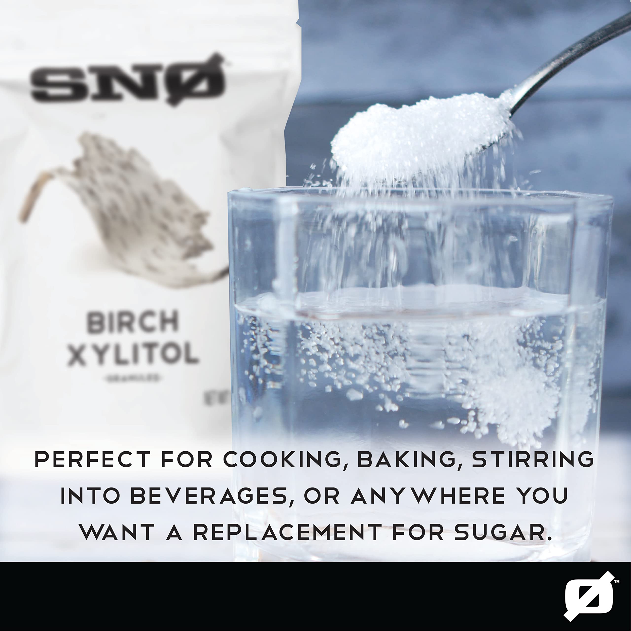 SNØ Pure Birch Xylitol purity label shows 99.99% pharmaceutical-grade quality