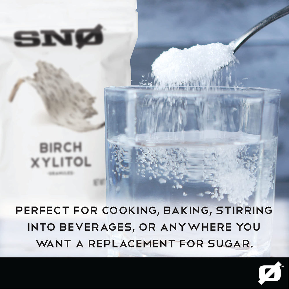 SNØ Pure Birch Xylitol purity label shows 99.99% pharmaceutical-grade quality