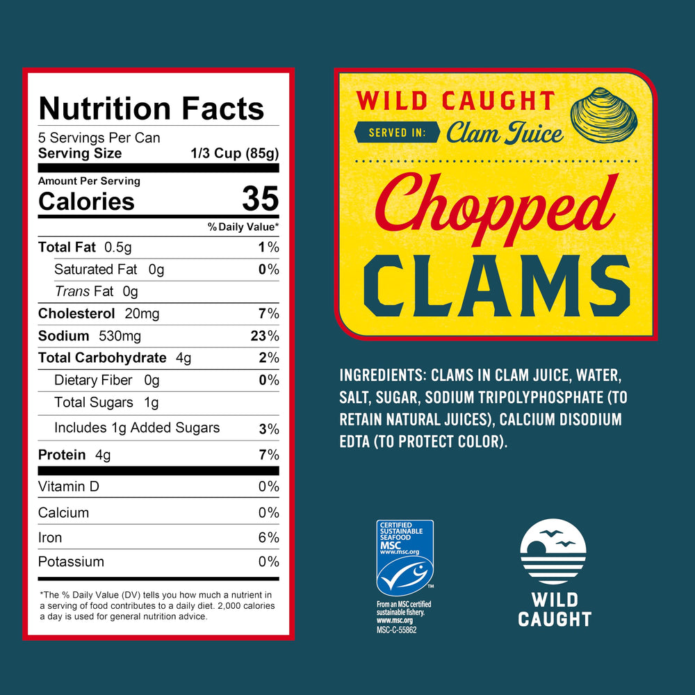 Snow's chopped clams in juice closeup showing tender meat perfect for sauces.
