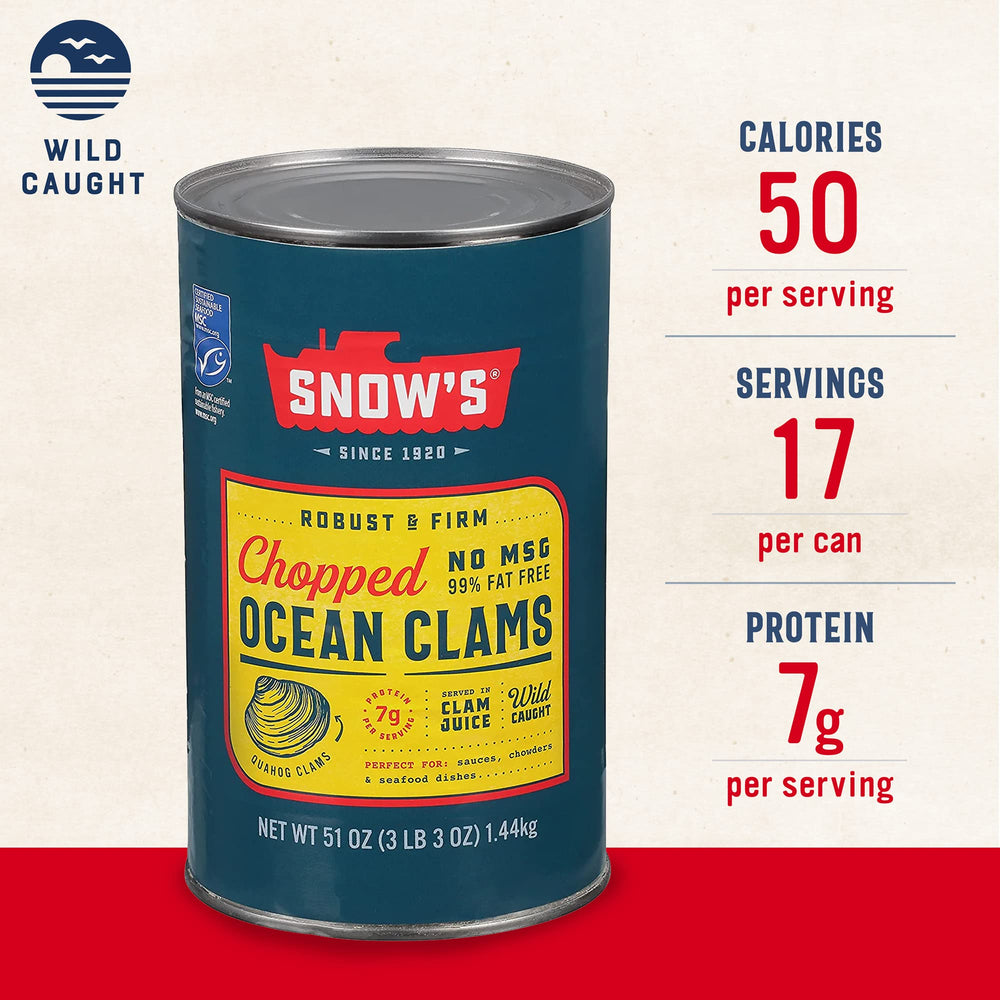 Snow's Chopped Clams served with pasta demonstrate versatile protein for easy weeknight meals.