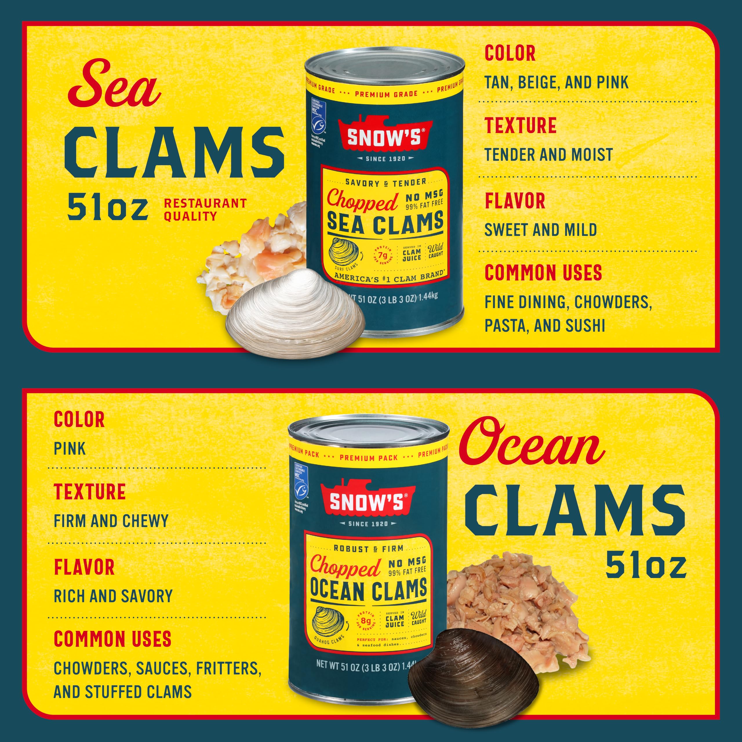 Snow's chopped sea clams ready-to-use packaging speeds weeknight seafood meals.