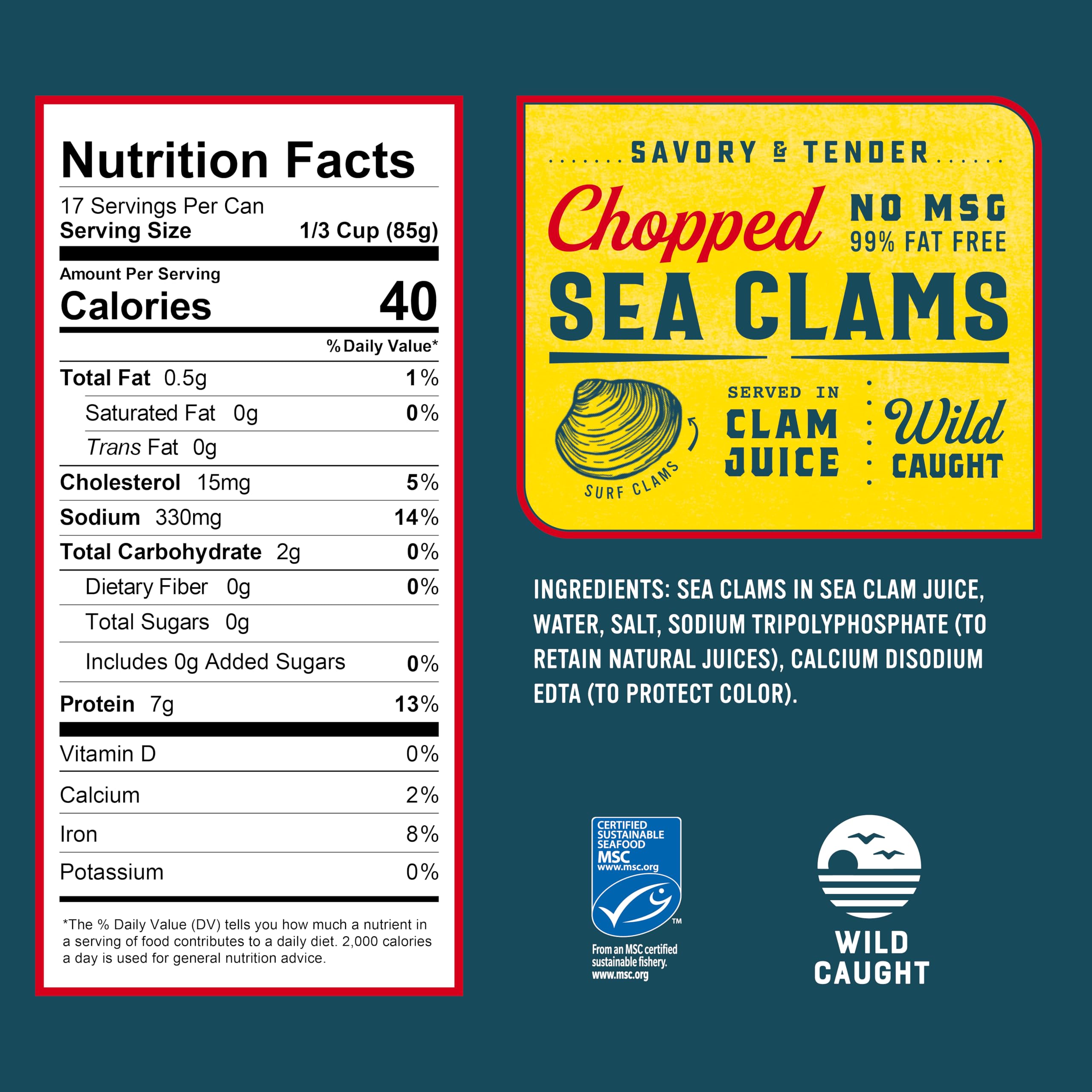 Snow's chopped sea clams close-up shows tender texture ideal for chowders.
