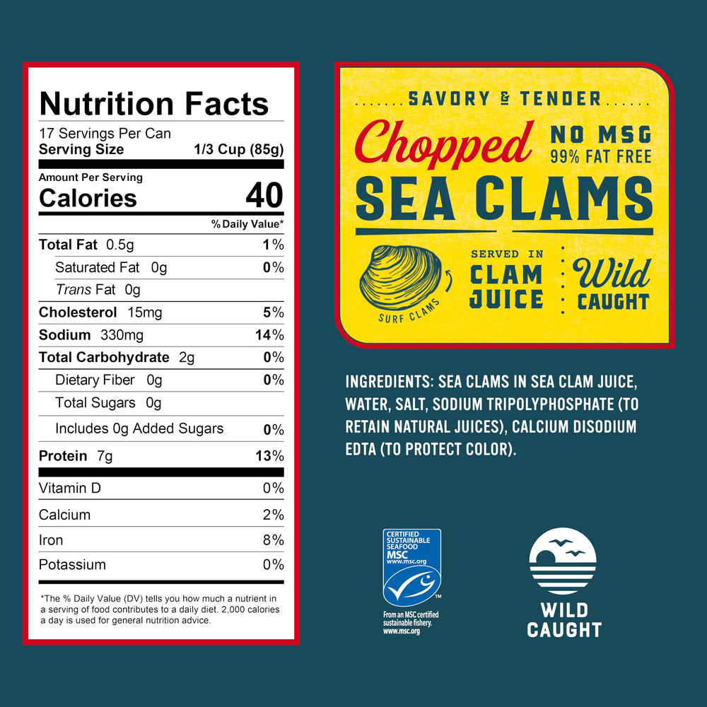 Snow's chopped sea clams close-up shows tender texture ideal for chowders.