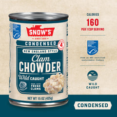 Close-up of fresh clam chunks in Snow's chowder