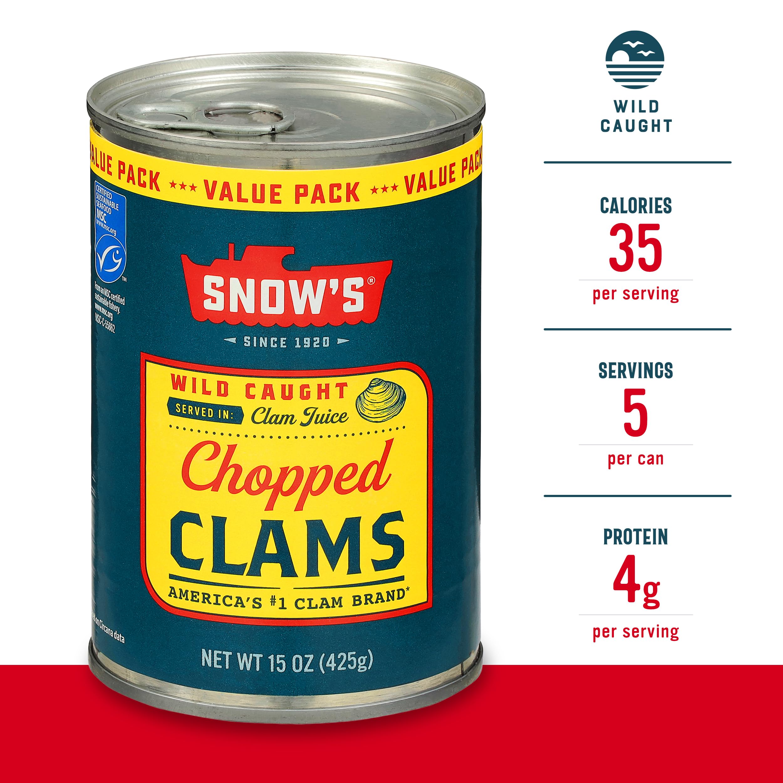 Snow's clam juice in can highlights base flavor for soups and stews.