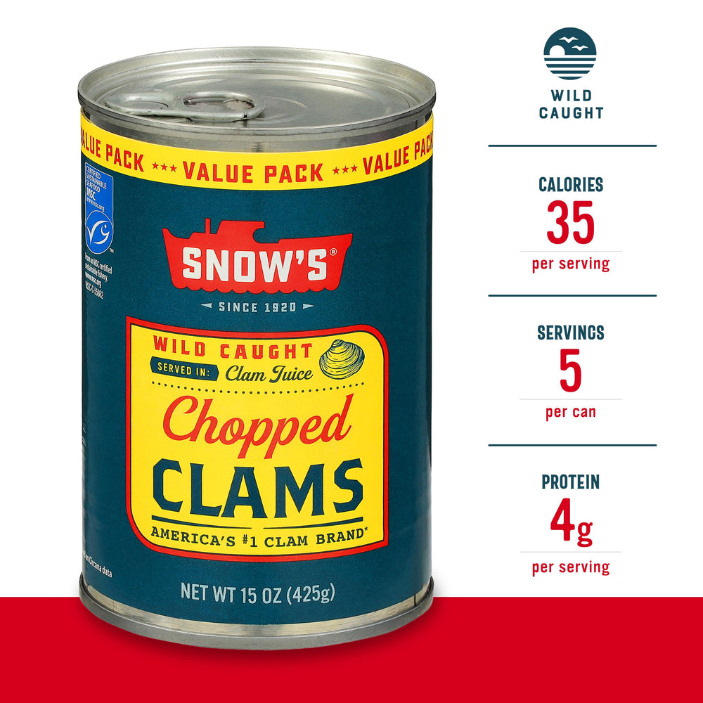 Snow's clam juice in can highlights base flavor for soups and stews.