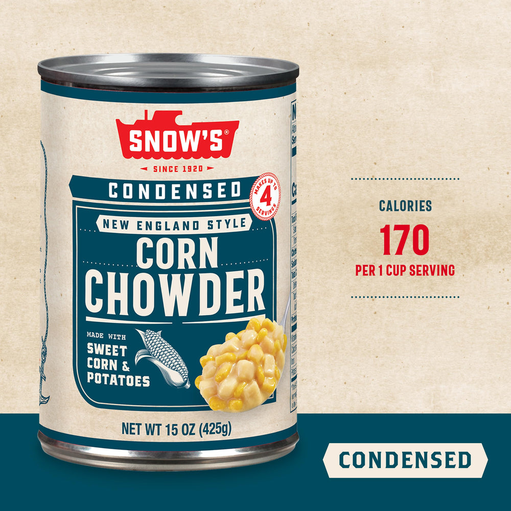 Snow's Condensed Corn Chowder-15oz-can displays a clearly portioned size for simple meals.