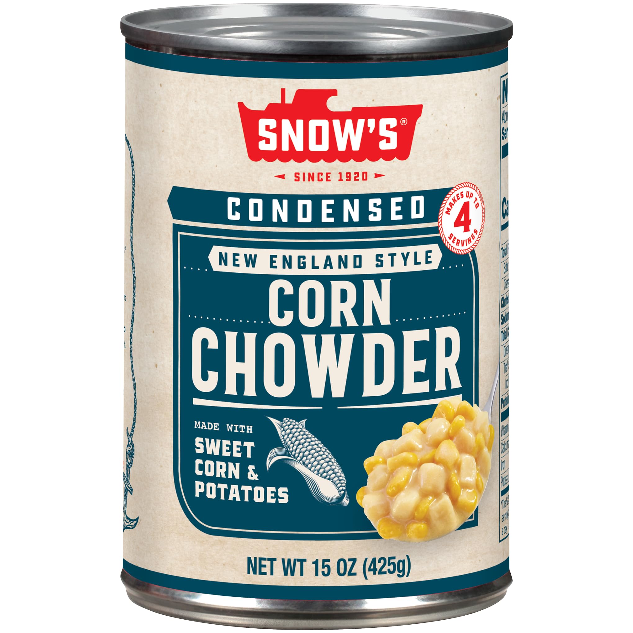 Snow's Condensed Corn Chowder can-label, a convenient pantry staple for quick meals.