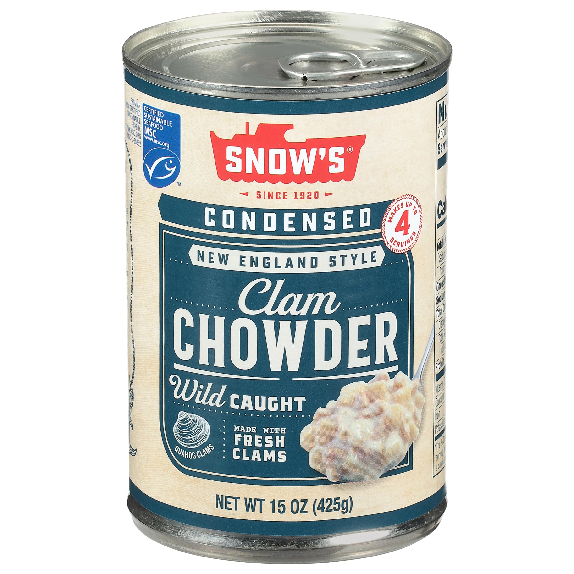 Snow's Condensed New England Clam Chowder can on pantry shelf for quick meals.