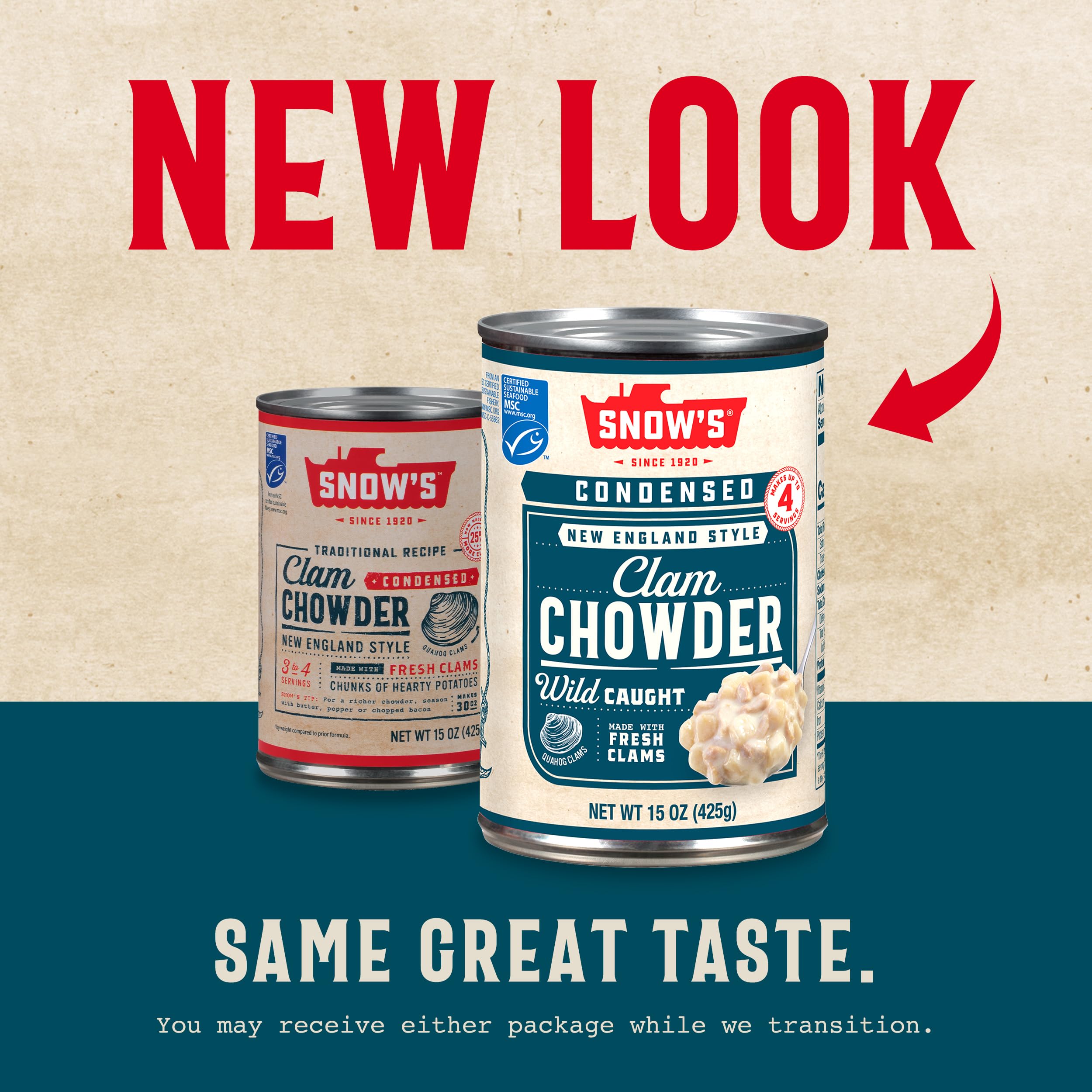 Snow's clam chowder offers hearty protein and classic flavor for family meals.
