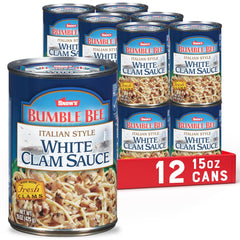 Snow's Italian Style White Clam Sauce cans in a 12-pack for easy weeknight meals.