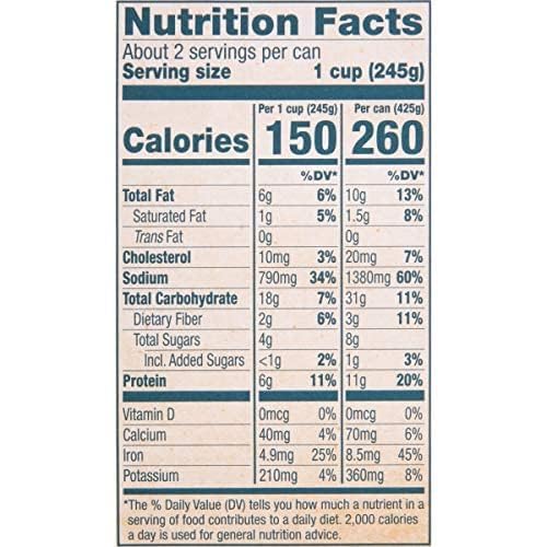Snow's Manhattan Clam Chowder can back highlights nutrition facts and ingredient details.