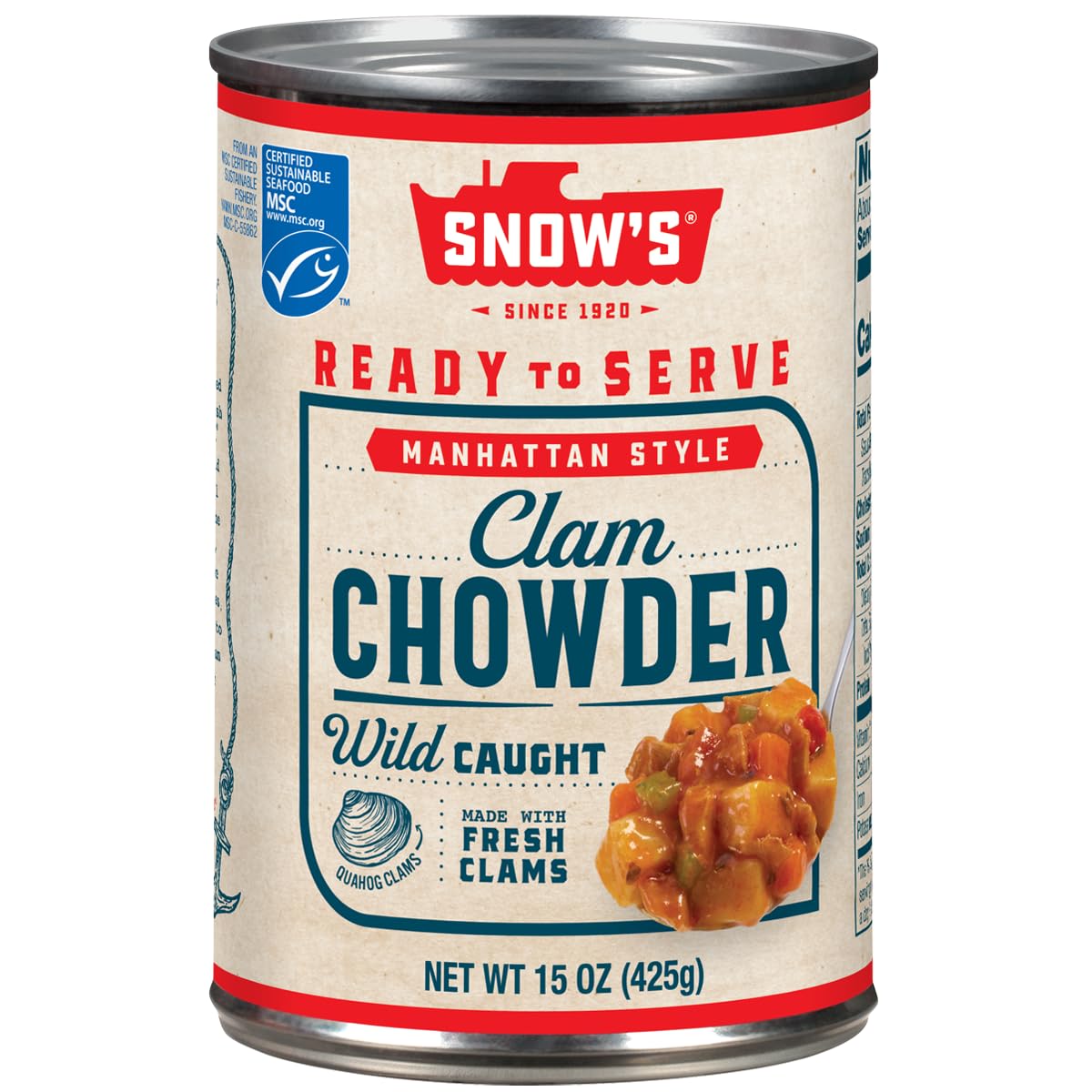 Snow's Manhattan Clam Chowder can front shows authentic recipe and ready-to-serve appeal.