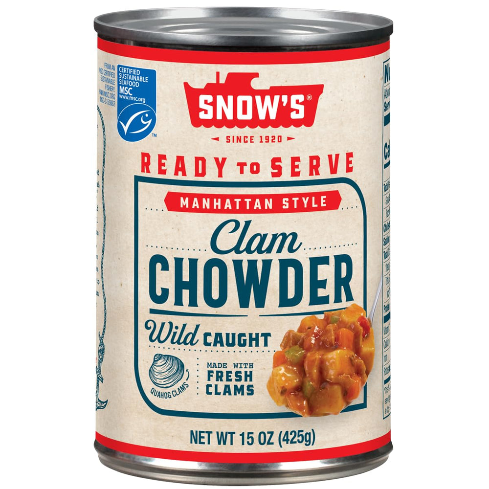 Snow's Manhattan Clam Chowder can front shows authentic recipe and ready-to-serve appeal.
