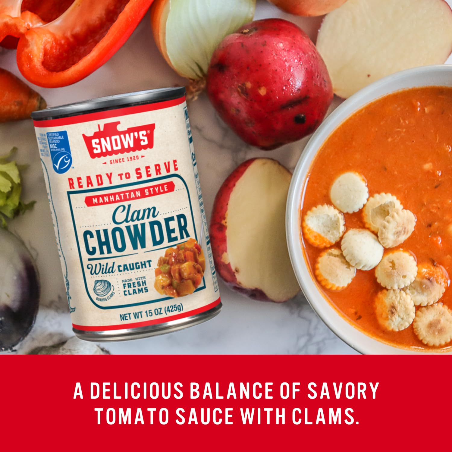 MSC certified Snow's Manhattan Clam Chowder emphasizes sustainable fishing practices.