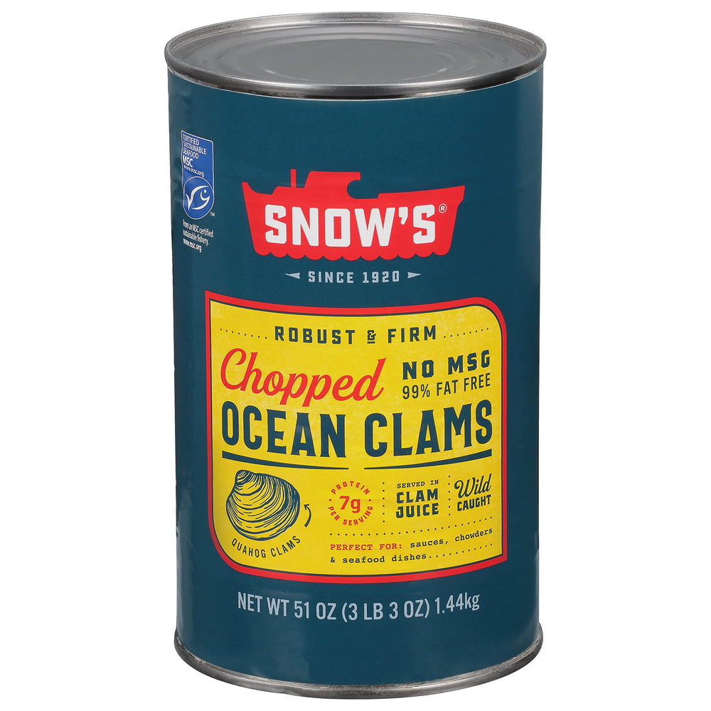 Snow's Ocean Chopped Clams in own juice showcase rich texture for seafood dishes.