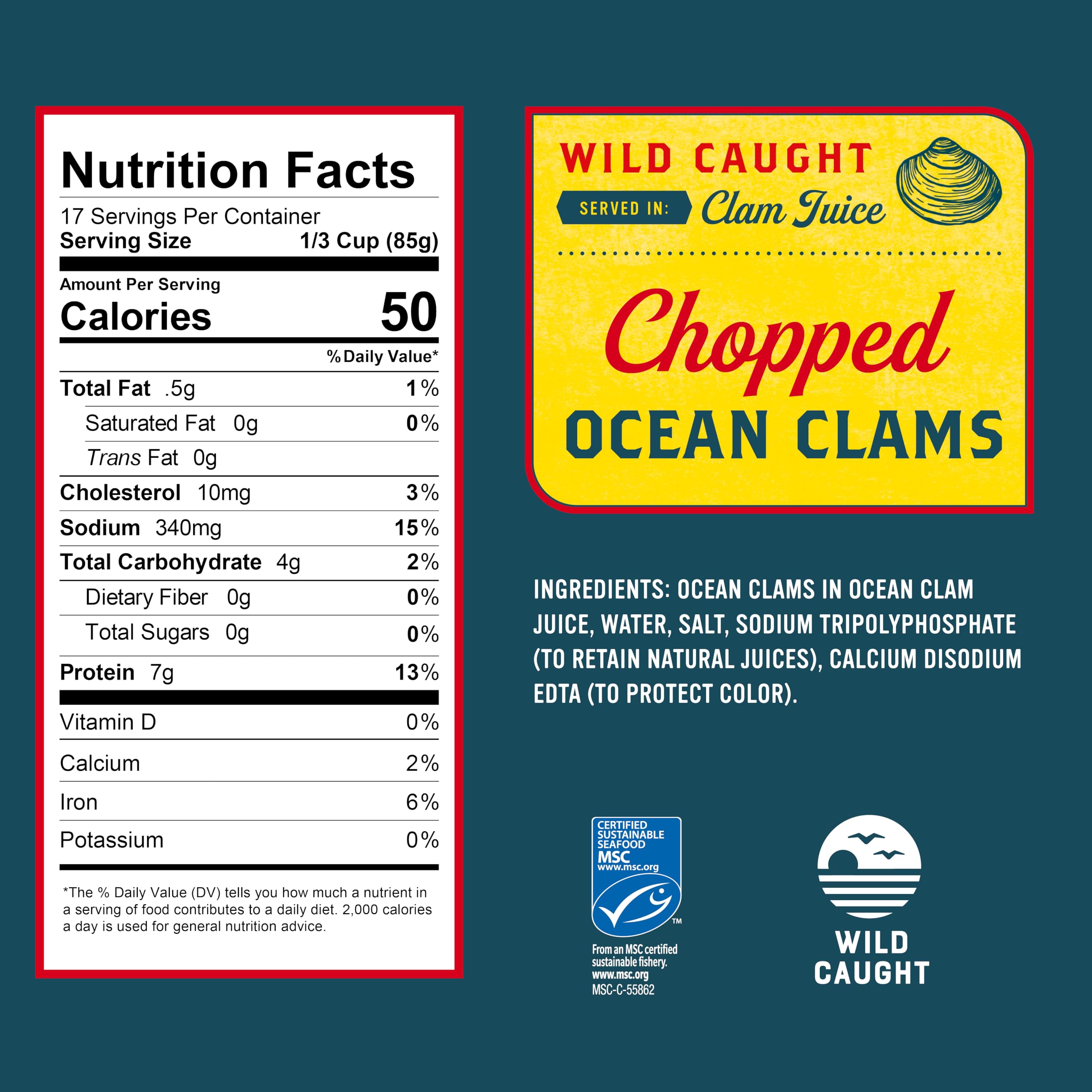 Snow's Ocean Chopped Clams close-up highlights quality and savory juices for soups.