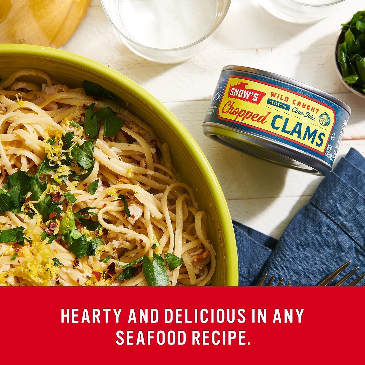 Snow's Wild Caught Chopped Clams label closeup, sustainable sourcing