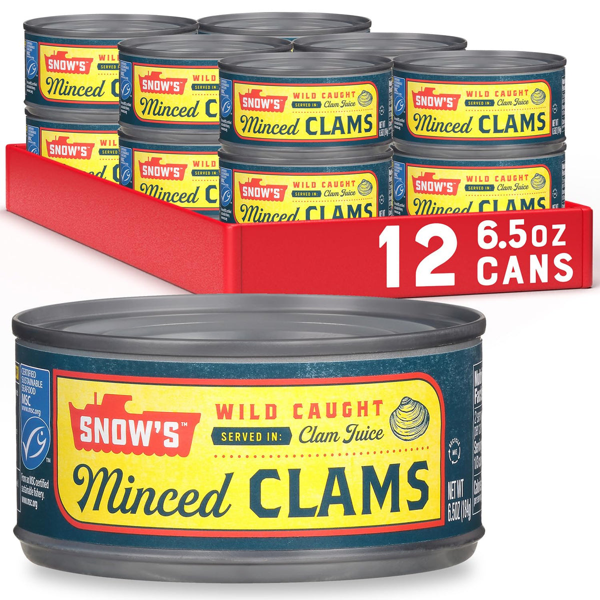Snow's wild caught minced clams can front view, ideal for hearty seafood soups and stews.